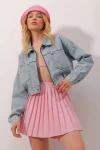 Çift Cepli Fermuarlı Crop Denim Ceket