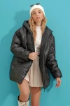 Kapüşonlu Fleto Cepli Puffer Fashion Oversize Şişme Mont