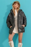 Kapüşonlu Fleto Cepli Puffer Fashion Oversize Şişme Mont