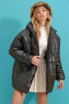 Kapüşonlu Fleto Cepli Puffer Fashion Oversize Şişme Mont