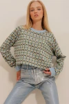 Bisiklet Yaka Crop Triko Sweatshirt