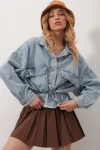 Çift Cepli Beli Büzgülü Düğmeli Oversize Denim Ceket