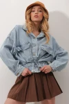 Çift Cepli Beli Büzgülü Düğmeli Oversize Denim Ceket