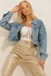 Çift Cepli Fermuarlı Crop Denim Ceket