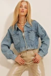 Çift Cepli Fermuarlı Crop Denim Ceket