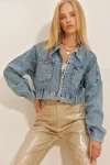 Çift Cepli Fermuarlı Crop Denim Ceket