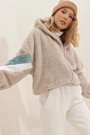 Hooded Zipper Sleeves Color Block Oversized Plush Sweatshirt