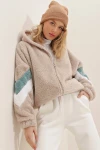 Hooded Zipper Sleeves Color Block Oversized Plush Sweatshirt