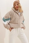 Hooded Zipper Sleeves Color Block Oversized Plush Sweatshirt