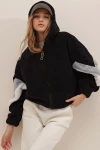 Kapüşonlu Fermuarlı Kolları Renk Bloklu Oversize Peluş Sweatshirt