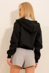 Kapüşonlu Kanguru Cepli 3 İplik İçi Şardonlu Crop Sweatshirt