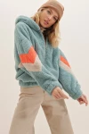 Hooded Zipper Sleeves Color Block Oversized Plush Sweatshirt