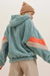 Kapüşonlu Fermuarlı Kolları Renk Bloklu Oversize Peluş Sweatshirt