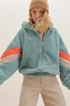 Kapüşonlu Fermuarlı Kolları Renk Bloklu Oversize Peluş Sweatshirt