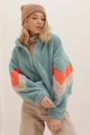 Hooded Zipper Sleeves Color Block Oversized Plush Sweatshirt