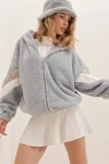 Hooded Zipper Sleeves Color Block Oversized Plush Sweatshirt