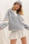 Kapüşonlu Fermuarlı Kolları Renk Bloklu Oversize Peluş Sweatshirt