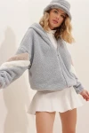 Hooded Zipper Sleeves Color Block Oversized Plush Sweatshirt