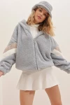 Kapüşonlu Fermuarlı Kolları Renk Bloklu Oversize Peluş Sweatshirt