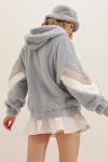 Hooded Zipper Sleeves Color Block Oversized Plush Sweatshirt