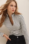 Zip Front Ribbed Half Turtleneck Blouse